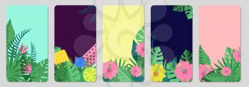 Tropical banners. Exotic leaves, fruits social media stories template. Palm leaf, flowers and green plants vector flyers. Exotic multicolor card with fruit and flower illustration