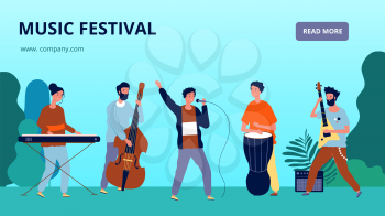 Music festival banner. Musicians and instruments, orchestra. Sound fest vector landing page. Music festival, musician band jazz banner illustration