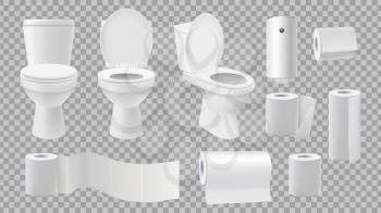 Realistic toilet bowl. Restroom accessories isolated on transparent background. Paper rolls and and air freshener vector set. Bathroom toilet, hygiene clean paper for restroom illustration