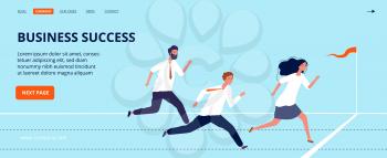 Business success landing page. Office workers run to finish line. Group of top managers, leadership vector web banner. Business crossing finish line, people leader illustration