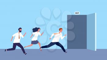 Happy business people run to exit. Weekend started, work day ended. Evacuation vector illustration. Businessman run to exit, door open