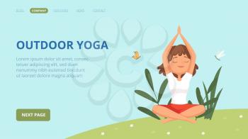 Outdoor yoga landing page. Woman doing exercises in park. Relaxation and meditation vector banner. Illustration woman yoga exercise, healthy and meditating