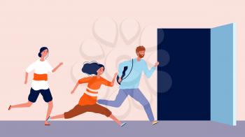 People run to open door. Being late, men and women hurry. End or beginning of working office day vector illustration. Open door and person run to opportunity