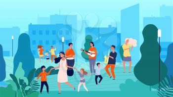 Street musicians. Musical fest, family dancing. Parents and children having fun with music vector illustration. Street music, instruments concert on air