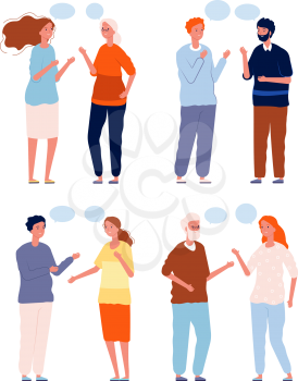People conversation. Dialogue persons of different ages genders and nationality characters talking with speech bubbles vector. Illustration people discussion, talk and communication speech