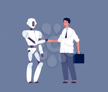 Robot handshaking. Businessman meeting with futuristic android character human vs cyborgs concept vector illustration. Robot cyborg communication handshake