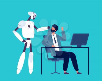 Android and human. Robot kick away business person from office workspace artificial intelligence future job vector concept. Innovation humanoid and businessman, replace man illustration