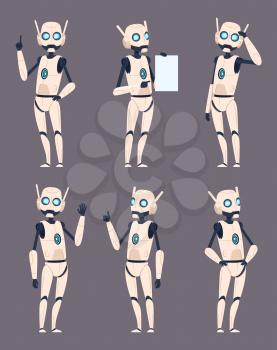 Android characters. Cyborg in different poses standing pointing humanoid spaceman vector futuristic set. Robot and cyborg illustration, machine robotic character