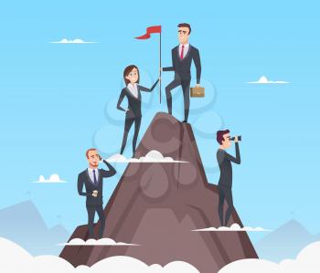Successful management. Business growth up planning marketing team building good strategy confident vector concept. Team and leadership on top mountain illustration