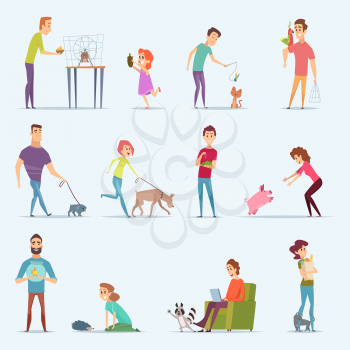 Animal owners. Dog kitten aquarium fishes people with lovely domestic animals vector cartoon characters. Illustration pet animal, domestic hedgehog, pig and dog, cat and parrot