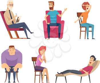 Psychology consultant. Psychotherapy helping consulting male and female persons sitting in sofa and group vector set. Psychotherapy and psychology character illustration