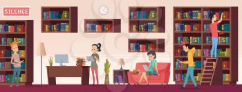 School library. People with books students sitting and reading in biblioteca interior with bookshelves vector background. Illustration bookstore university, library with bookshelf