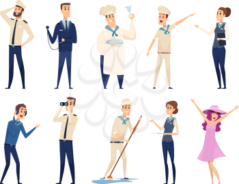 Sea cruise. Sailing captain shipping officer navigating crew ocean travel team vector characters. Illustration crew cruise, seaman and boatswain
