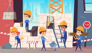 Little builders. Boys funny making professional job construction helmet vector background. Builder worker professional, character person foreman illustration