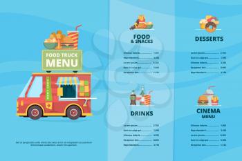 Food truck menu. Urban fast food restaurant street festival pizza barbecue trucks cooking van vector template. Illustration cafe truck menu with beverage and food