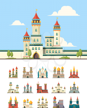 Medieval castles. Old palazzo building hill towers vector flat illustration. Castle building, medieval stronghold tower