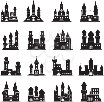 Castle silhouettes. Medieval fortress ancient towers vector flat buildings kingdom. Illustration castle with tower, stronghold silhouette