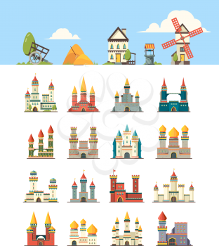Medieval buildings. Kingdom ancient construction castles houses rock walls wellness well construction vector. Illustration castle and citadel, building medieval collection