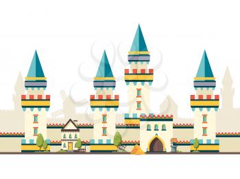 Castle with towers. Horizontal brick wall from castle with big wooden door vector flat pictures. Tower castle, window medieval stronghold illustration