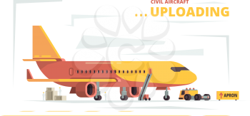 Cargo plane. Upload civil aircraft technical cars freight vector concept. Preparing and loading aircraft before flight illustration
