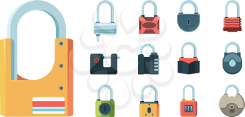Lock set. Padlock key prison secret code door symbols vector flat illustrations isolated. Padlock protection, security equipment set