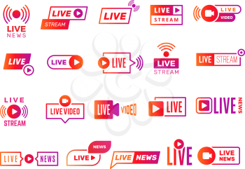 Live stream badges. Video broadcasting shows digital online text templates live news vector stickers collection. Illustration video stream, live streaming online