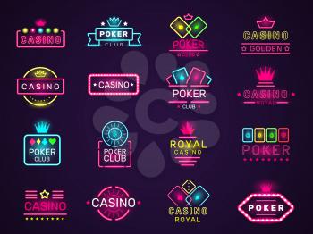 Casino neon badges. Poker club game logo colored lighting vegas style vector set. Casino club poker, light neon gambling signboard illustration