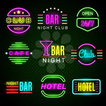 Hotel neon. Advertising american retro night club emblem signage glow badges vector. Signboard hotel glowing, night vintage advertising illustration