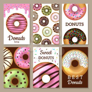 Donuts cards design. Sweets colored backgrounds with glazed round cakes food textured templates vector. Illustration cake donut, glazed bake dessert