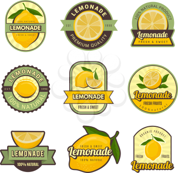 Lemon labels. Retro badges for cold juice drinks lemonade stamps for restaurant menu vector decoration set. Illustration of lemonade sweet set badge, marketing fresh label juice