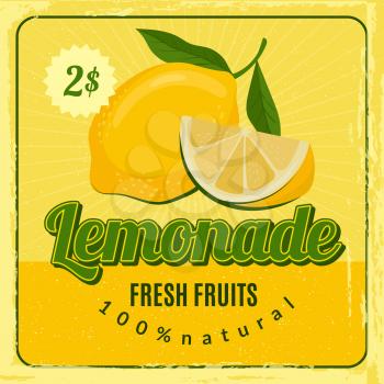 Lemonade retro poster. Brochure marketing placard with fresh lemon juice vector restaurant marketing design. Lemonade juice, fresh drink placard with price illustration