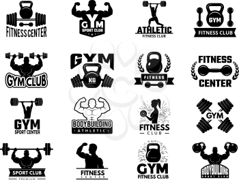 Badges sport. Fitness athletic gym logotypes vector set. Fitness gym emblem, bodybuilding workout badge illustration