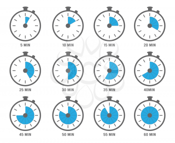 Clock symbols. Timers minutes and hours circle graph objects 5, 10 and 20 min vectors. Clock with seconds and minutes illustration