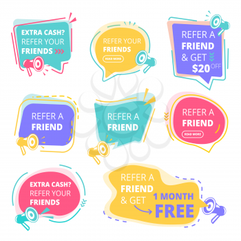 Refer friend badges. Abstract graphic geometrical promotional emblem business friendly vector concept. Refer friend, referring badge, advertising referral recommend illustration