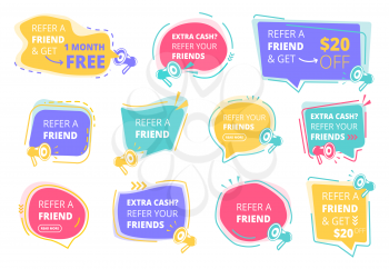 Refer a friend. Referral program promotional stickers vector colored badges design template. Refer friend, referring and recommend illustration
