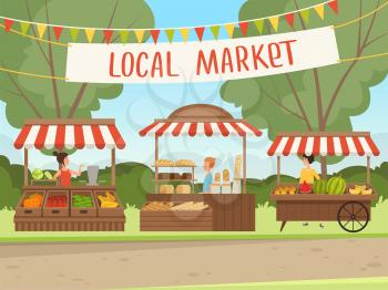 Local market. People shopping healthy fresh food vegetables fruit meat grocery stores organic products vector background. Illustration market with vegetable and fruits