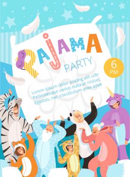 Pyjamas party. Poster invitation for costume nightwear clothes pyjamas celebration kids and parents vector placard. Pyjamas invitation party, smiling people in costume nightwear illustration
