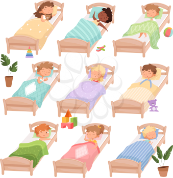 Sleeping kindergarten. Tired boys and girls little kids in beds quiet hour casual daytime vector characters. Boy and girl in kindergarten sleep, dream nighttime illustration