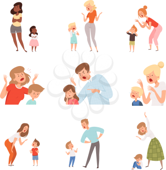 Sad parents. Angry dad punish son scared kids expression reaction crying childrens vector pictures. Illustration parent and kid, child discipline, problem conflict