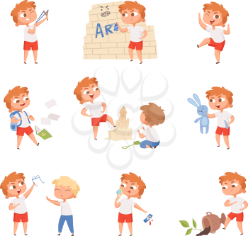 Bad behavior kids. School sad boys and girls angry devil little persons vector characters. Boy behavior bad, kid character angry illustration