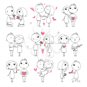Happy couples sketch. Valentines day characters loving together teens mascot with big hearts vector set. Happy character valentine, couple romantic kiss illustration