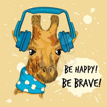 Animal in headset. Pop fashion style placard funny hand drawn pet music headset vector. Illustration headset and giraffe funny, cool cartoon