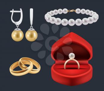 Wedding rings. Gold trappings in decoration red packs glossy jewelry vector realistic set. Illustration jewellery and brilliance, costly luxurious