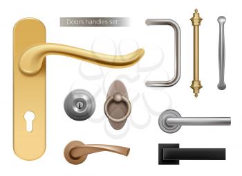 Modern door handles. Silver and golden metal furniture handles for opened room doors interior elements vector realistic. Handle door, lock and knob illustration