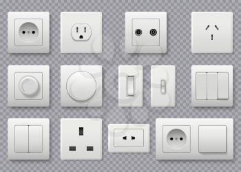 Wall switch. Power electrical socket different modern round switches vector realistic collection. Power electricity, outlet european and american illustration