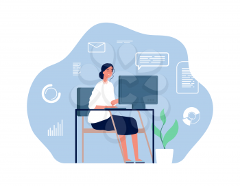 Computer worker. Woman sitting desk, home workplace. young office girl, overworked businesswoman. Adorable remote employee vector character. Illustration business woman employee, character overworked