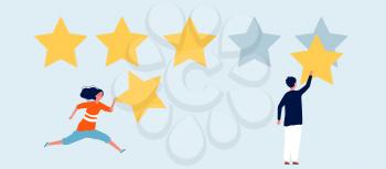 Five stars rating. Woman man with star, reviews. Marketing and social media communication vector illustration. Man rating feedback, review positive marketing