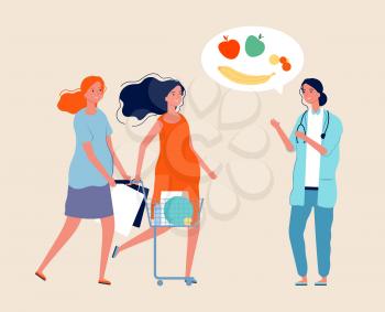 Healthy lifestyle. Nutritionist, pregnant women with food. Expectant mothers with shopping. Doctor talks about healthy food. Maternity and health vector illustration. Healthy food nutrition motherhood