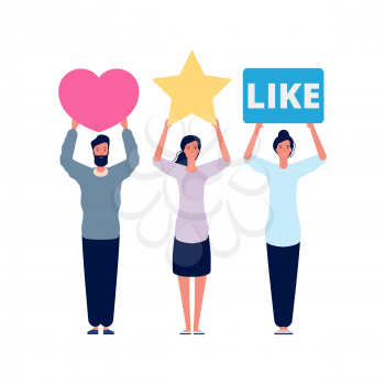 Rating and reviews. Social assessment scores, media emotional answers. People holding like heart and star vector symbols. Rating feedback score, man and woman hold review classification illustration