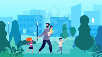 Single father. Lonely man walking with kids in park. Male parenthood, baby or toddler and children. Happy summer outdoor activity vector illustration. Father with daughter and son together